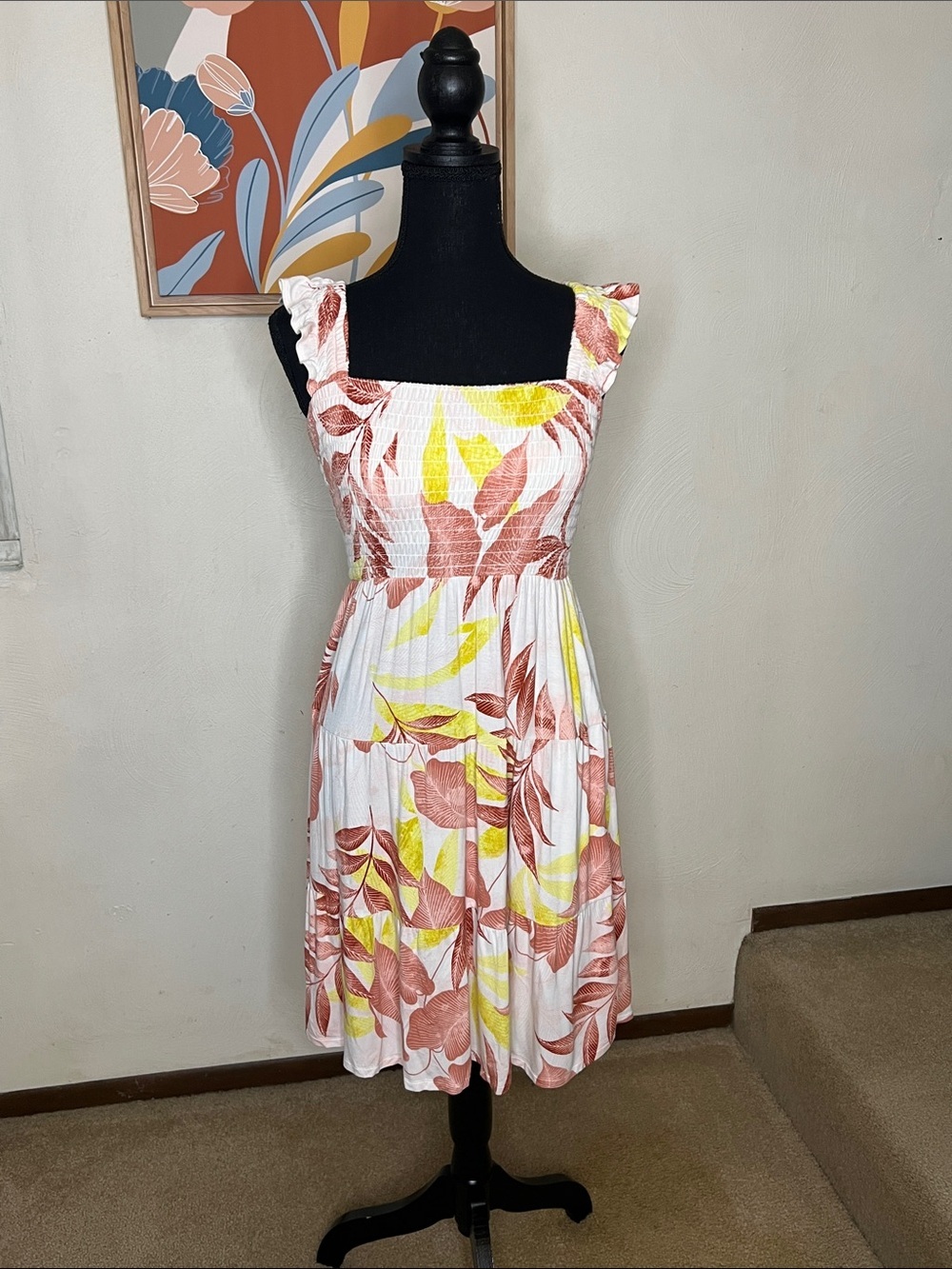 Soma Wknd Smocked Knit Tropical Floral Print Mini Dress Size XS